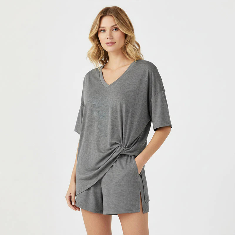 ✨Crewneck Two-Piece Set For Women Summer Casual Oversized Split Hem Shirts & Side Pocket Biker Shorts Minimalist Lounge Wear Soft Viscose Fabric Comfy Homewear Cozy Pjs
