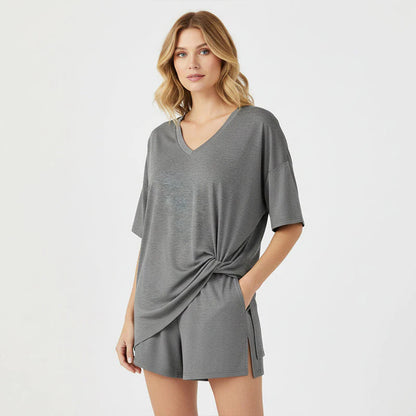 ✨Crewneck Two-Piece Set For Women Summer Casual Oversized Split Hem Shirts & Side Pocket Biker Shorts Minimalist Lounge Wear Soft Viscose Fabric Comfy Homewear Cozy Pjs