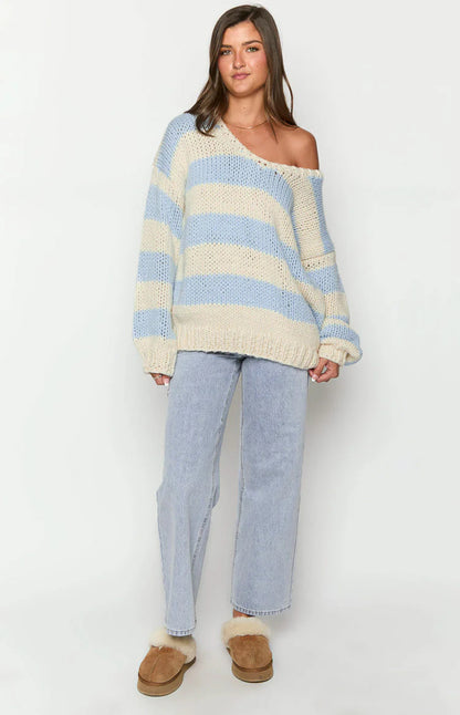 Light Blue Striped Chunky Knit Sweater