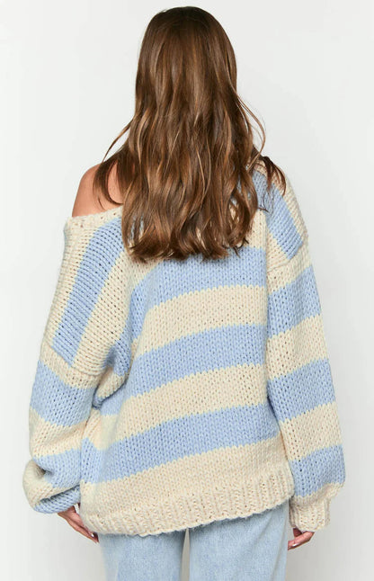 Light Blue Striped Chunky Knit Sweater
