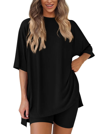 ✨Crewneck Two-Piece Set For Women Summer Casual Oversized Split Hem Shirts & Side Pocket Biker Shorts Minimalist Lounge Wear Soft Viscose Fabric Comfy Homewear Cozy Pjs
