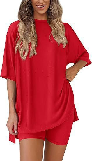 ✨Crewneck Two-Piece Set For Women Summer Casual Oversized Split Hem Shirts & Side Pocket Biker Shorts Minimalist Lounge Wear Soft Viscose Fabric Comfy Homewear Cozy Pjs