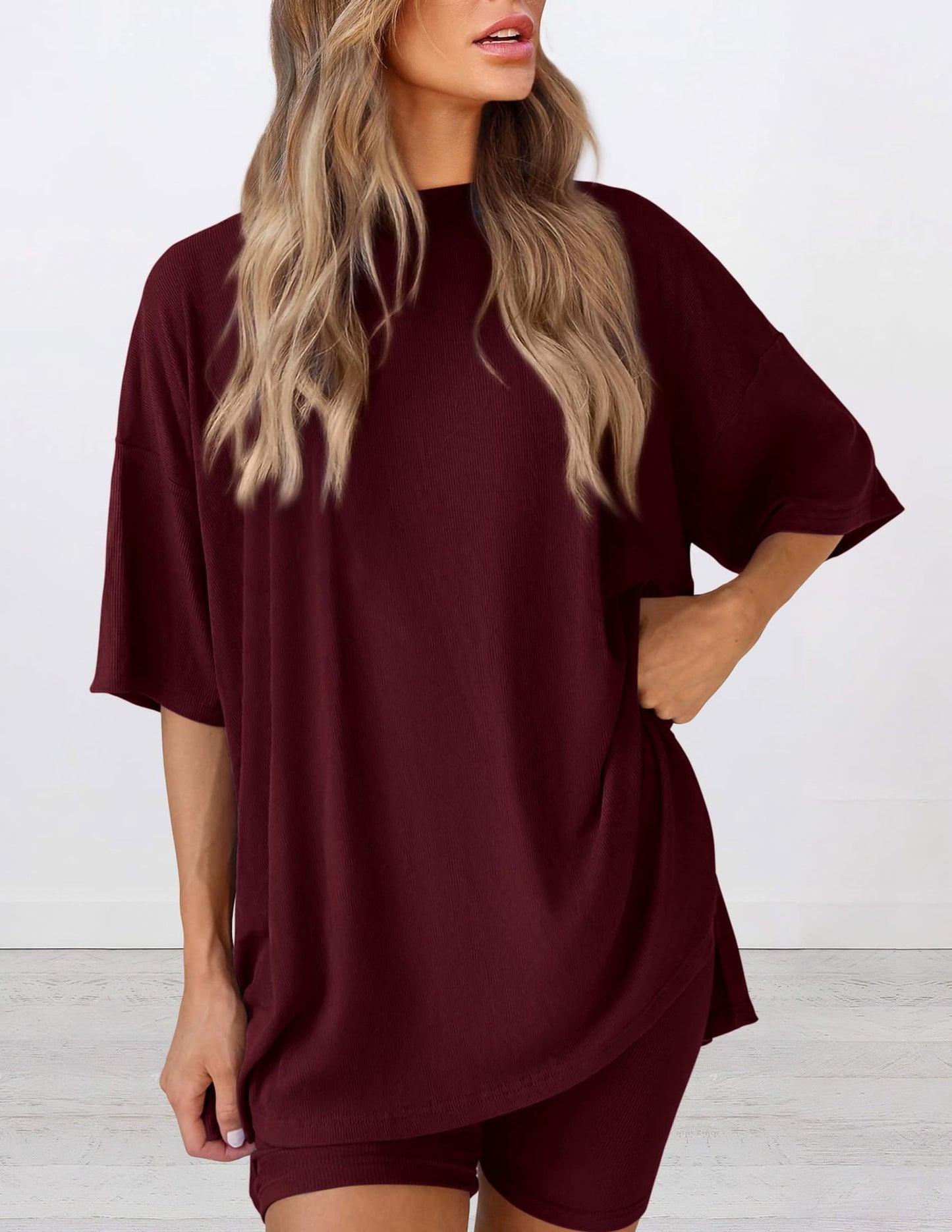 ✨Crewneck Two-Piece Set For Women Summer Casual Oversized Split Hem Shirts & Side Pocket Biker Shorts Minimalist Lounge Wear Soft Viscose Fabric Comfy Homewear Cozy Pjs