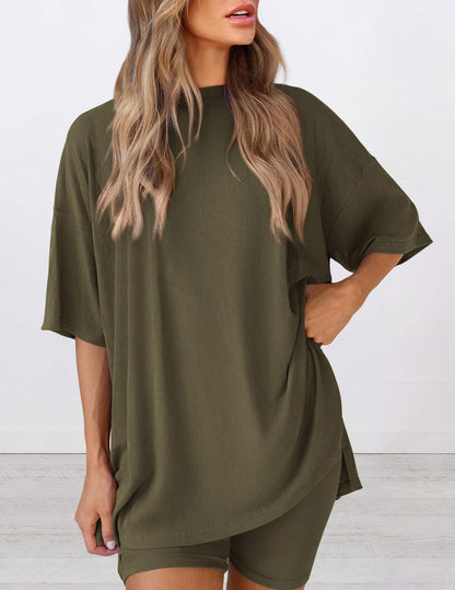 ✨Crewneck Two-Piece Set For Women Summer Casual Oversized Split Hem Shirts & Side Pocket Biker Shorts Minimalist Lounge Wear Soft Viscose Fabric Comfy Homewear Cozy Pjs