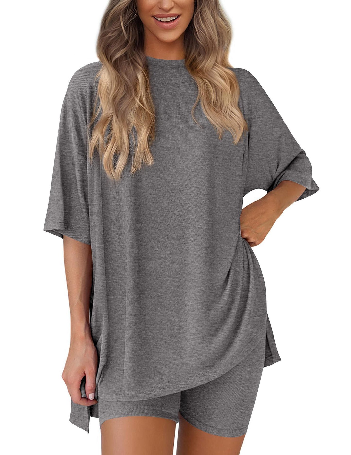 ✨Crewneck Two-Piece Set For Women Summer Casual Oversized Split Hem Shirts & Side Pocket Biker Shorts Minimalist Lounge Wear Soft Viscose Fabric Comfy Homewear Cozy Pjs