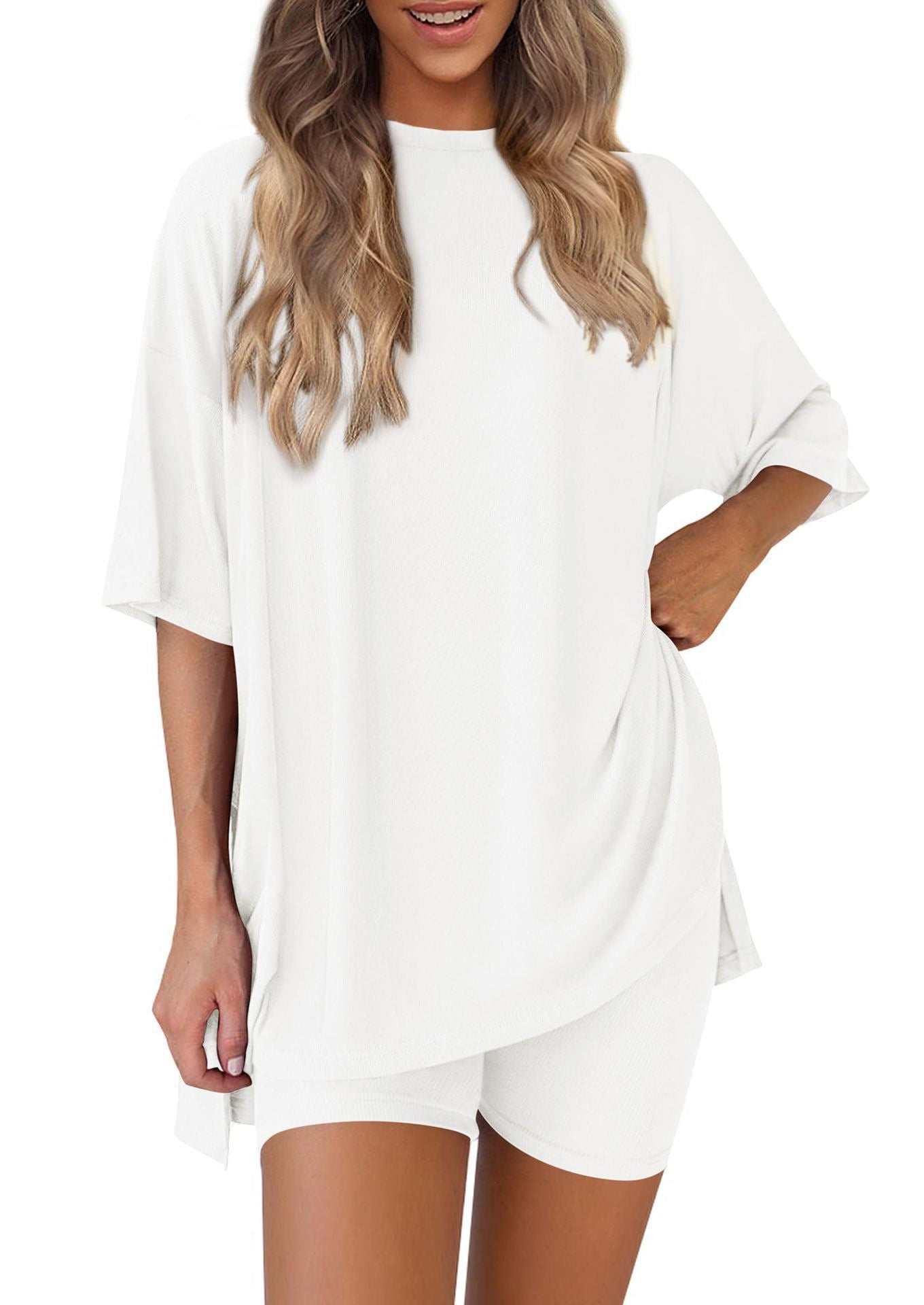 ✨Crewneck Two-Piece Set For Women Summer Casual Oversized Split Hem Shirts & Side Pocket Biker Shorts Minimalist Lounge Wear Soft Viscose Fabric Comfy Homewear Cozy Pjs