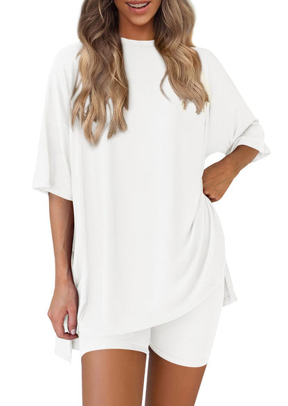 ✨Crewneck Two-Piece Set For Women Summer Casual Oversized Split Hem Shirts & Side Pocket Biker Shorts Minimalist Lounge Wear Soft Viscose Fabric Comfy Homewear Cozy Pjs