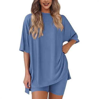 ✨Crewneck Two-Piece Set For Women Summer Casual Oversized Split Hem Shirts & Side Pocket Biker Shorts Minimalist Lounge Wear Soft Viscose Fabric Comfy Homewear Cozy Pjs