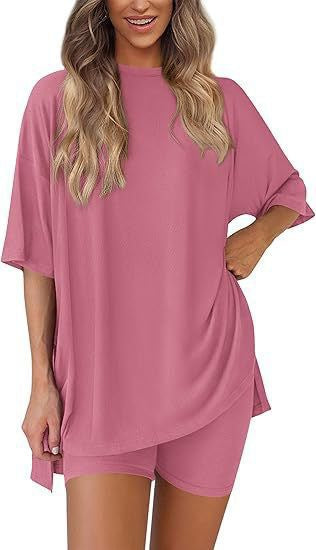 ✨Crewneck Two-Piece Set For Women Summer Casual Oversized Split Hem Shirts & Side Pocket Biker Shorts Minimalist Lounge Wear Soft Viscose Fabric Comfy Homewear Cozy Pjs