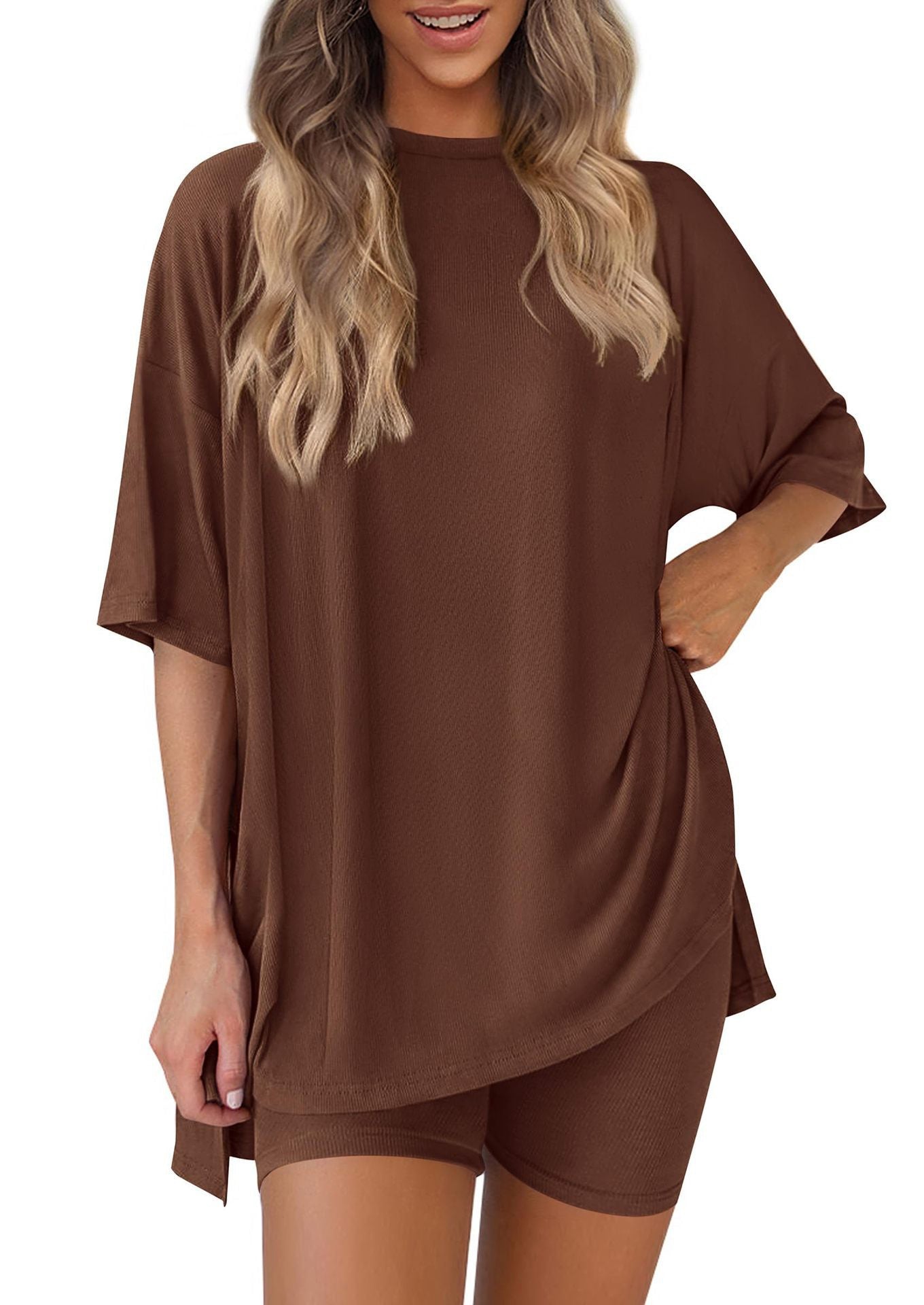 ✨Crewneck Two-Piece Set For Women Summer Casual Oversized Split Hem Shirts & Side Pocket Biker Shorts Minimalist Lounge Wear Soft Viscose Fabric Comfy Homewear Cozy Pjs