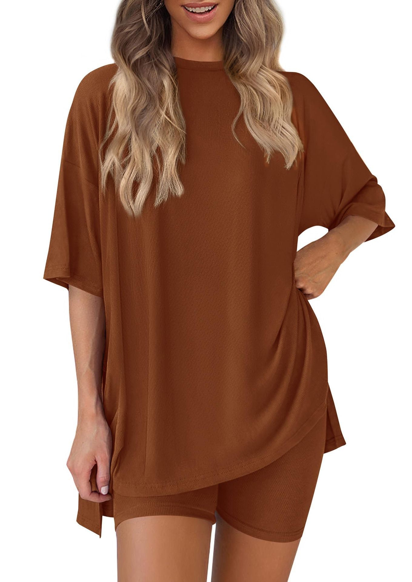 ✨Crewneck Two-Piece Set For Women Summer Casual Oversized Split Hem Shirts & Side Pocket Biker Shorts Minimalist Lounge Wear Soft Viscose Fabric Comfy Homewear Cozy Pjs
