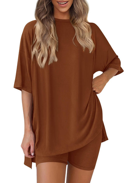 ✨Crewneck Two-Piece Set For Women Summer Casual Oversized Split Hem Shirts & Side Pocket Biker Shorts Minimalist Lounge Wear Soft Viscose Fabric Comfy Homewear Cozy Pjs