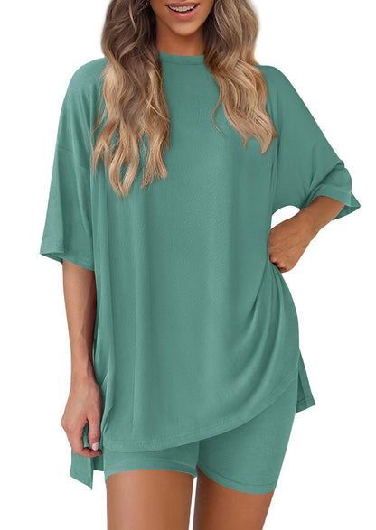 ✨Crewneck Two-Piece Set For Women Summer Casual Oversized Split Hem Shirts & Side Pocket Biker Shorts Minimalist Lounge Wear Soft Viscose Fabric Comfy Homewear Cozy Pjs