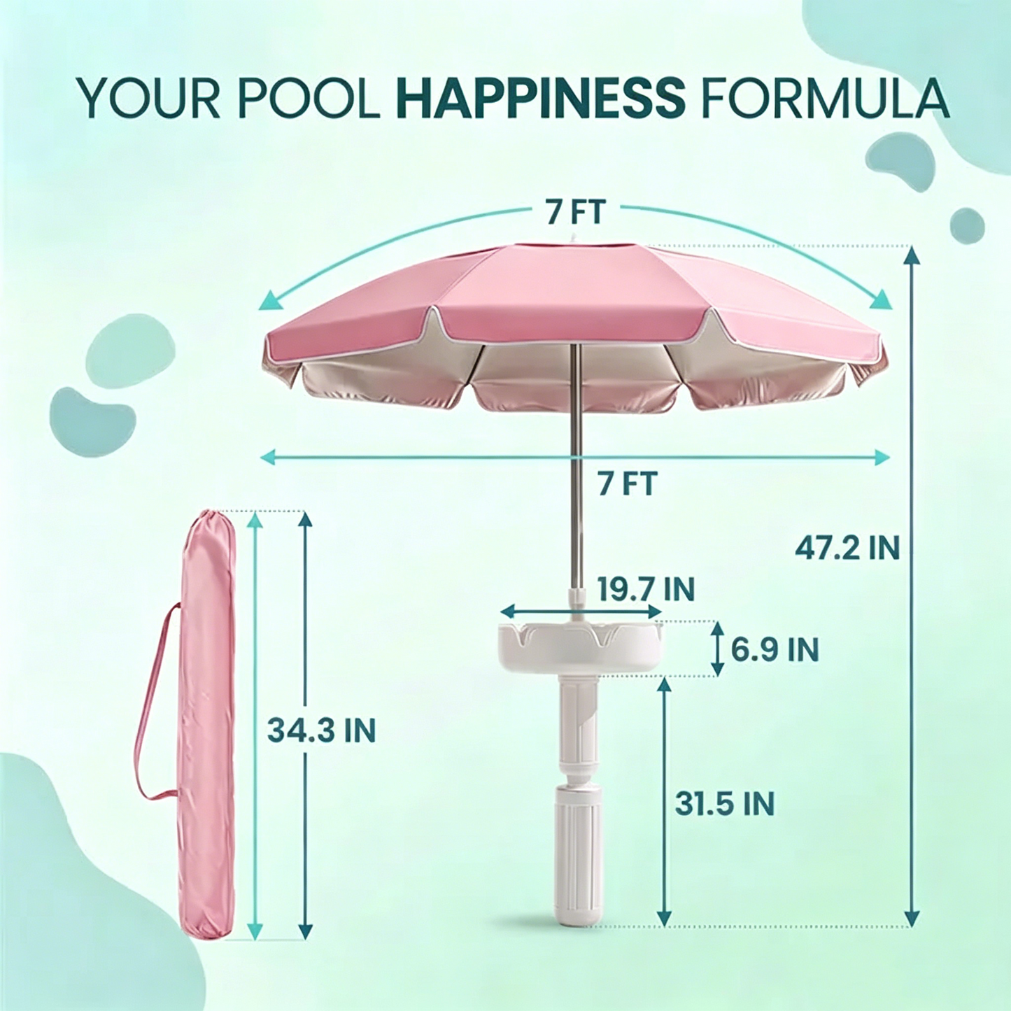 Floating Pool Umbrella with Bar and Base, Portable Pool Bar Table Umbrellas with Cup Holder & Phone Stand, Floating Poolside Shade